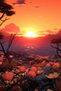 Fantasy landscape with flowers and sunset, render illustration