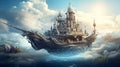 Fantasy landscape with flying ship - Generative AI Royalty Free Stock Photo