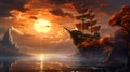 Fantasy landscape with flying ship - Generative AI Royalty Free Stock Photo