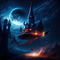 Fantasy landscape with flying ship in the night sky. 3d illustration Generative AI animal ai Royalty Free Stock Photo