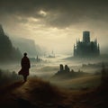 Fantasy landscape with foggy church and old man