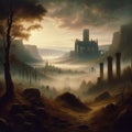 Fantasy landscape with foggy church and old man