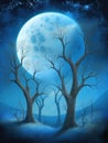 Generative AI: fantasy landscape in a forest with a big moon in the nigth Royalty Free Stock Photo