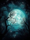 Generative AI: fantasy landscape in a forest with a big moon in the nigth Royalty Free Stock Photo