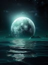 Generative AI: fantasy landscape in a forest with a big moon in the nigth Royalty Free Stock Photo