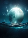 Generative AI: fantasy landscape in a forest with a big moon in the nigth Royalty Free Stock Photo
