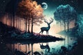 Fantasy landscape with forest and lake. Beautiful deer near the lake. Generative AI Royalty Free Stock Photo