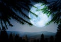 Fantasy landscape. Full moon in starry sky over mountains, view through branches Royalty Free Stock Photo