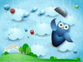 Fantasy landscape with funny flying owl and umbrella Royalty Free Stock Photo