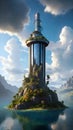 fantasy landscape, the futuristic tower on the island in the lake, generative ai illustration