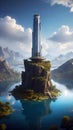 fantasy landscape, the futuristic tower on the island in the lake, generative ai illustration