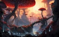 Fantasy landscape with giant red amanita mushrooms and a small bridge with people. Generative AI Royalty Free Stock Photo