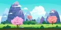 Fantasy landscape, green hills, blooming trees, spring, mountains, panorama. Vector cartoon background illustration Royalty Free Stock Photo