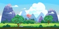 Fantasy landscape, green hills, trees, spring, mountains, panorama. Vector cartoon background illustration Royalty Free Stock Photo