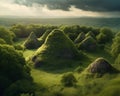 Fantasy Landscape, Green Mountain Hills with hidden Pyramids under Grass Royalty Free Stock Photo