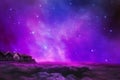 Fantasy landscape - Home silhouette with sea of clouds and galaxy in the sky