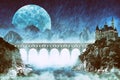 Fantasy landscape with huge bridge and castle on cliff over big night moon and mountains in fog Royalty Free Stock Photo