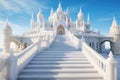 Fantasy landscape with ice castle and stairs on blue sky background. A beautiful architectural castle with large steps on the