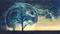 Fantasy landscape Illustration - Lonely bare tree silhouette wit