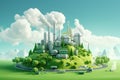 Fantasy landscape with industrial plant. 3D illustration. Green planet, Green Industry Eco Power Factory Good environment ozone