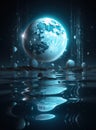 Generative AI: fantasy landscape in a lake with a big moon in the nigth Royalty Free Stock Photo