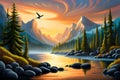 Fantasy landscape with a lake, mountains, forest, birds. Vector illustration, generative ai Royalty Free Stock Photo