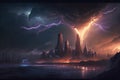 Fantasy landscape with lightning in the sky and city. 3d illustration Royalty Free Stock Photo