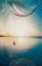 Fantasy landscape of lone sailboat. Book cover template.