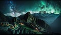 Fantasy landscape with Machu Picchu at night and starry sky. Generative AI