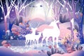 Fantasy landscape of magic forest with fairy tale  Reindeers family looking at Santa Claus sleigh Reindeers flying over full moon Royalty Free Stock Photo