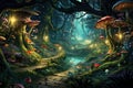 Fantasy landscape with magic forest and mushrooms. 3D illustration, AI Generated Royalty Free Stock Photo