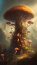 Fantasy landscape with magic house in the forest and mushrooms - illustration Royalty Free Stock Photo