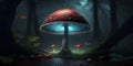 Fantasy landscape with magic mushroom in dark forest. 3D rendering. Fairy mushroom. Mushroom in the fairy forest. Generative AI