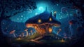 Fantasy landscape with magic mushroom house in the forest at night illustration Royalty Free Stock Photo