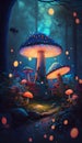 Fantasy landscape with magic mushrooms. 3D illustration. Fairy forest. Royalty Free Stock Photo