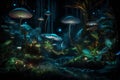 Fantasy landscape with magic mushrooms. 3D illustration. Fantasy forest. Royalty Free Stock Photo