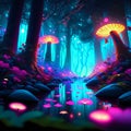 Fantasy landscape with magic mushrooms in the dark forest. 3d illustration AI generated Royalty Free Stock Photo