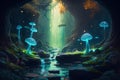 Fantasy landscape with magic mushrooms in the forest. 3d illustration Royalty Free Stock Photo