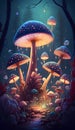 Fantasy landscape with magic mushrooms in the forest. 3d illustration Royalty Free Stock Photo