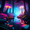 Fantasy landscape with magic mushrooms in the forest. 3d illustration AI Generated Royalty Free Stock Photo