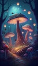 Fantasy landscape with magic mushrooms in the forest at night, illustration Royalty Free Stock Photo