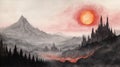 Fantasy landscape with majestic castle and red sun over mountains Royalty Free Stock Photo