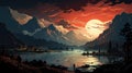 Fantasy landscape with medieaval village on the lake at sunset. Vector illustration Royalty Free Stock Photo