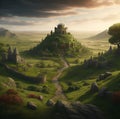 Fantasy landscape with medieval castle and meadow. 3d render Royalty Free Stock Photo