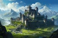 Fantasy landscape with medieval castle and mountains. Digital painting illustration, Medieval stronghold castle with hills, Royalty Free Stock Photo