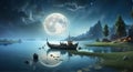 Fantasy landscape moon fishing boat Royalty Free Stock Photo