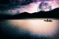 Fantasy landscape - moon, lake and boat Royalty Free Stock Photo