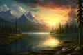 Fantasy landscape with mountain lake and forest. Digital painting illustration, Beautiful lake landscape with green trees, Royalty Free Stock Photo