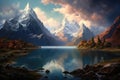 Fantasy landscape with mountain lake and reflection in water at sunset, A mountain lake, AI Generated Royalty Free Stock Photo