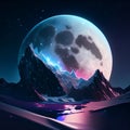 Fantasy landscape with mountain, moon and stars. Vector illustration. Generative AI